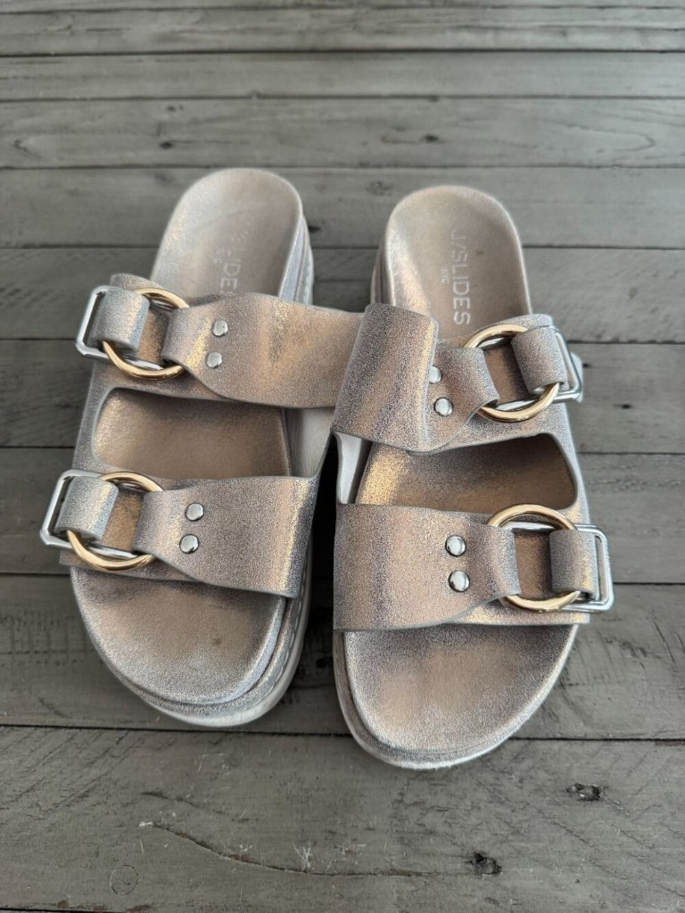 J/SLIDES J Slides Baha Platform Metallic Leather Slide Sandals Silver 7.5